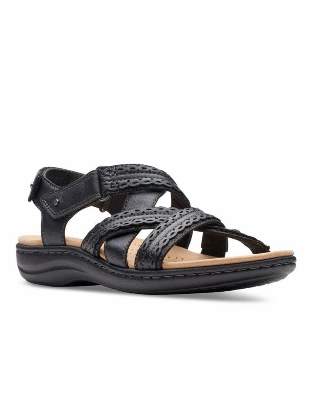 Clarks Laurieann Rena Leather Strappy Sandals Hook Loop Comfort Black 10 NEW